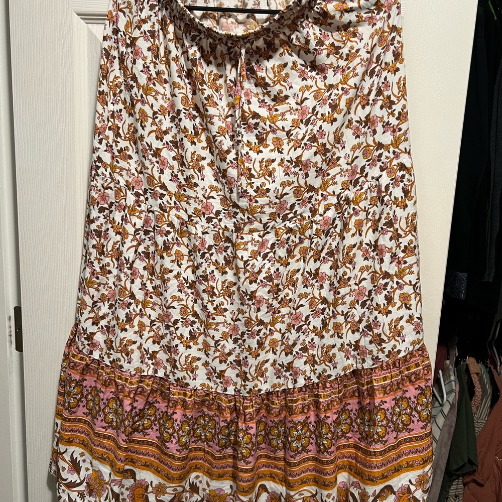 Boho Floral Maxi Skirt - Pink and Brown